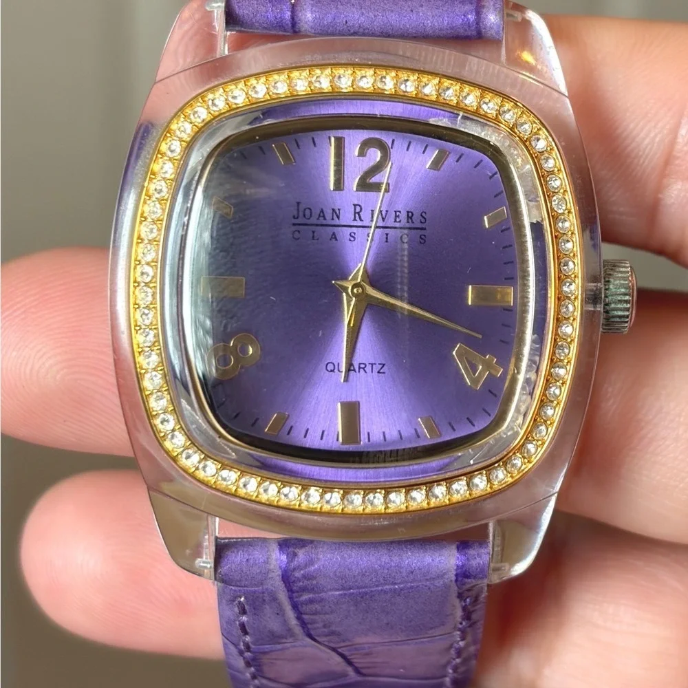 Joan Rivers Classics Purple Dial Crystal Bezel Acrylic Case‎ Leather Watch